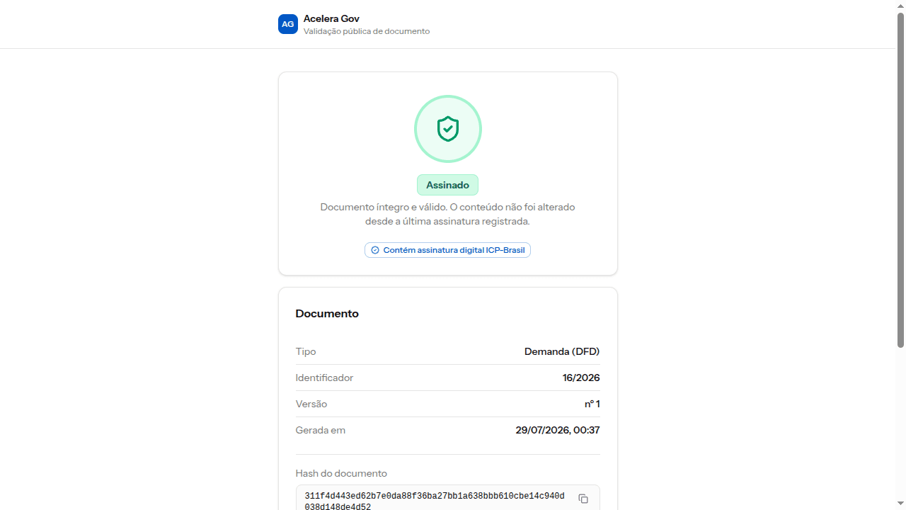 Página pública de validação de um documento assinado digitalmente
