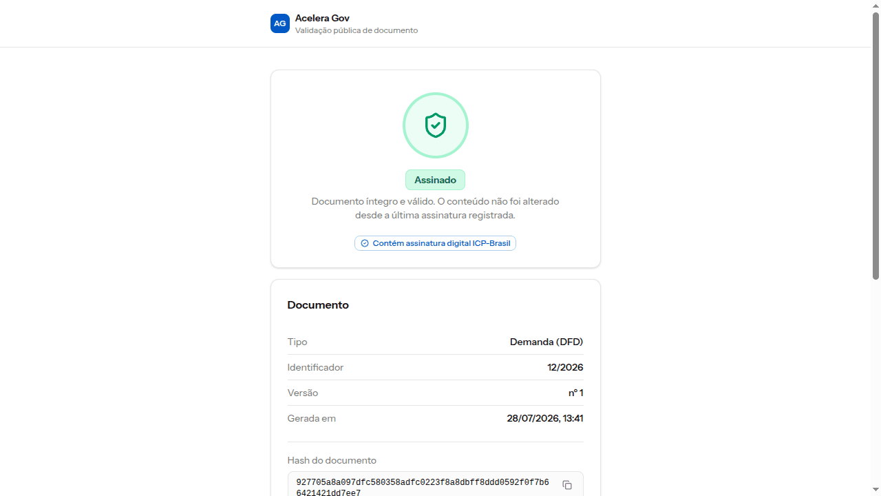 Página pública de validação de um documento assinado eletronicamente