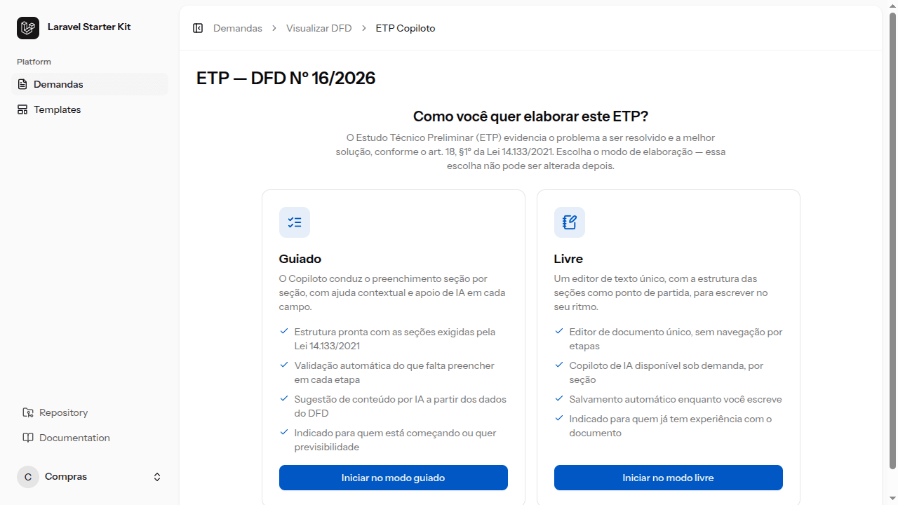 Tela de escolha do modo de elaboração do Estudo Técnico Preliminar (ETP) no AceleraGov