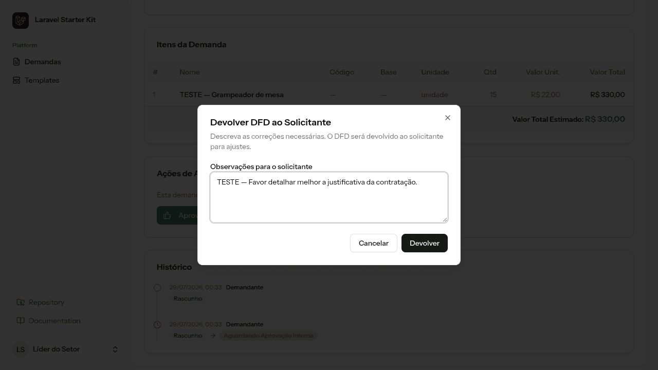 Modal de devolução com solicitação de correção na tramitação do AceleraGov